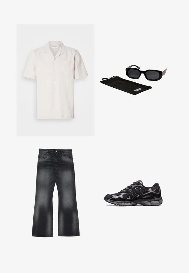 Lyhythihainen, vaaleanbeige paita, jossa on texturoitu kangas, lovellinen kaulus ja kaksi rintataskua, sekä napitus edessä.; Mustat farkkuhaalarihousut haalistuneella pesulla, viisi taskua, ja kontrastiväriset tikkaukset, joissa on hieman leveä lahkeensuu.; Mustat urheilukengät, joissa on verkko- ja mokkanahkainen yläosa, jossa on teksturoitu muotoilu ja kestävä, pehmustettu harmaa pohja.; Mustat aurinkolasit, joissa on kulmikkaat, ylisuuret kehykset ja tummat linssit, yhdessä mustan mikrokuivaimen kanssa, jossa on logo.