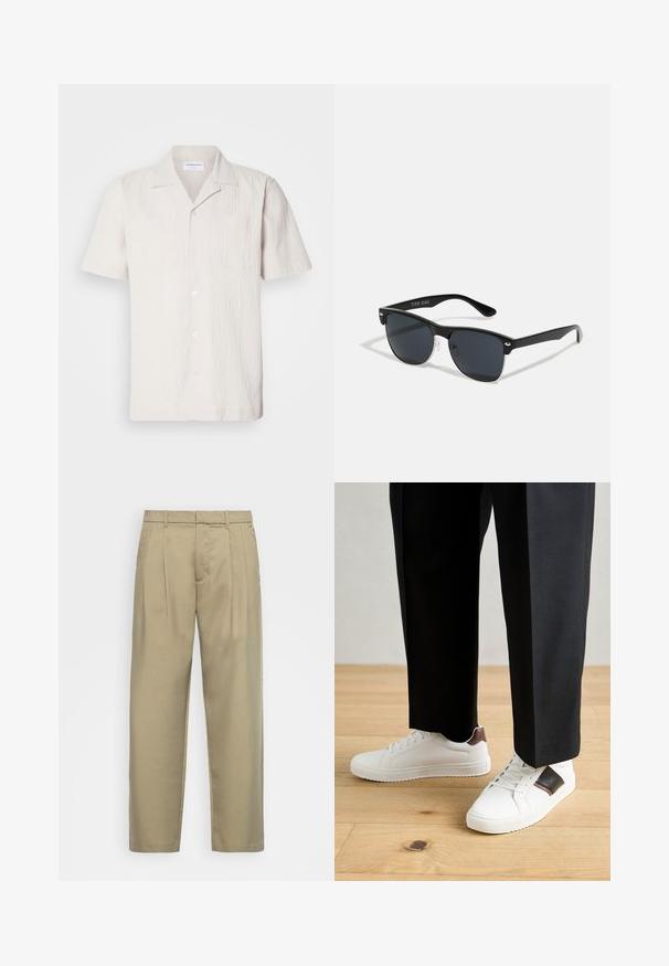 Īsu piedurknu, gaiši bēša krāsas krekls ar strukturētu audumu, ar iedzeltu apkakli un divām krūšu kabatām, ar pogu priekšējo aizdari.; Bēša, augstās jostas bikses ar taisnu piegriezumu, ar plakanu priekšpusi, sānu kabatām un gludu, teksturētu audumu.; Baltā pārsoļa apavi ar gludu tekstūru, papildināti ar brūniem ādas akcentiem un melniem elementiem, savienoti ar melnām pielāgotām biksēm. Koka grīdas fons.; Melnas saulesbrilles ar taisnstūra formu, tumšiem stenģiem, sudraba akcentiem pie tempļiem un matētu apdari uz rāmja.