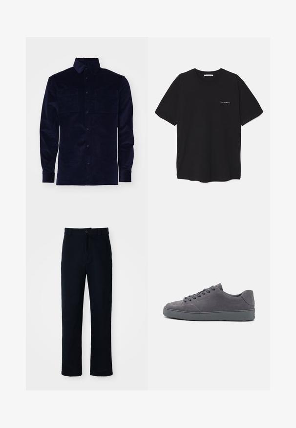 Μπλούζα από βελούδινο ύφασμα σε ναυτικό μπλε χρώμα, με μακριά μανίκια, κουμπωτή μπροστινή πλευρά, δύο τσέπες στο στήθος και κλασικό σχέδιο γιακά. Μαλακή υφή.; Μαύρο βαμβακερό T-shirt με στρογγυλή λαιμόκοψη, κοντά μανίκια και λευκή εκτύπωση λογότυπου στην αριστερή πλευρά του στήθους. Απλός, μονόχρωμος σχεδιασμός.; Κοντό παντελόνι σκούρου μπλε χρώματος, φτιαγμένο από βαμβάκι, με ίσια γραμμή, μπροστινό κλείσιμο με κουμπί και κλασική ζώνη με θηλιές.; Γκρι σουέτ αθλητικά παπούτσια με χαμηλό στυλ, στρογγυλή μύτη, κορδόνια μπροστά και υφασμάτινη σόλα. Μινιμαλιστικό στυλ με διακριτική επωνυμία στη φτέρνα.