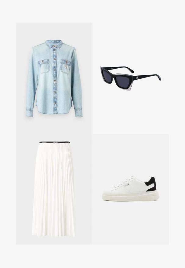 Šviesiai mėlyna džinsinė marškinė su ilgomis rankovėmis, mygtukų užsegimu priekyje, dviem krūtininėmis kišenėmis ir kontrastingos siuvimo detalėmis.; Pleated balta sijonas su juodu elastiniu juosmeniu, ant kurio yra "LACOSTE" logotipas. Vidutinio ilgio dizainas su švelnia tekstūra.; Baltos odinės sportbačiai su storu baltu padu, juodu nubuko kulno akcentu ir iškilmingu logotipu šone. Su raišteliais, turinčiais šešis akinius.; Juodos didelės saulės akinių su geometrine forma, turinčiais tamsius objektyvus ir kontrastingą pilką detalę ant rėmelio. Logotipas ant šalon.