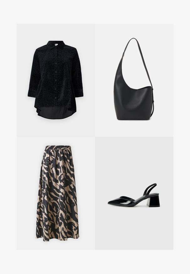 Must värvitud särk, millel on leopardimuster, valmistatud pehmest tekstuuriga kangast, kaarjas hem ja kolmeveerand pikkusega varrukad.; Mustikas ja beež pikk seelik elastse vöökoha ja abstraktsete loomamustritega, voolava siluetiga.; Mustad musta lakknahk kingad, millel on terav varvas ja geomeetriline plokkkonts. Omab elegantselt minimalistlikku disaini ja sujuvat tekstuuri.; Mustast nahast hobo kott, millel on sile tekstuur, kumer kuju ja üks reguleeritav rihm; peal on lai avaus.