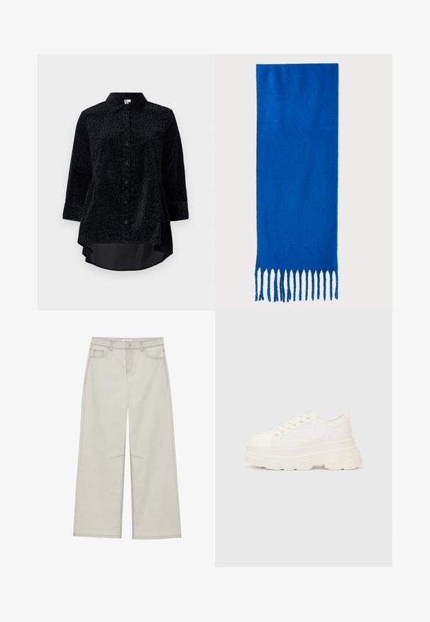 Juodas marškinis su užsegimu, papuoštas leopardų raštu, pagamintas iš minkštos tekstūruotos medžiagos, turintis suapvalintą apatinį kraštą ir trijų ketvirčių ilgio rankoves.; Šviesiai pilkos plačios kelnės su penkiomis kišenėmis, priekyje užsegamos mygtuku ir su kontrastine siūle palei siūles. Audinys atrodo minkštas ir patvarus.; Balti drobės sportbačiai su storu padu, apvalia nosimi ir penkiomis akytėmis raištams. Gale yra kilputė, kad būtų lengva užsidėti. Sklandus paviršius, minimalistinis dizainas.; Mėlyna frakuota šalikas, pagamintas iš minkštos medžiagos; turi vientisą spalvą su tekstūruotu paviršiumi ir vienodai nukirptais frakais apačioje.