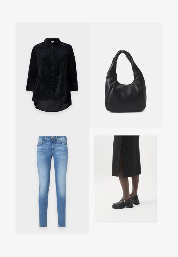 Cămașă neagră cu nasturi, având un model de leopard, realizată dintr-un material texturat moale, cu un tiv curbat și mâneci până la jumătatea antebrațului.; Jeansi din denim de culoare albastră deschisă, cu croială slim-fit, talie medie, închidere cu nasture frontal și design cu cinci buzunare.; Pantofi din piele neagră cu vârful rotund, toc bloc gros și accente elastice pe lateral, asortați cu colanți închiși la culoare și o fustă neagră cu o fanta.; Geantă hobou neagră, fabricată dintr-un material asemănător cu pielea, cu un mâner răsucit, având o formă moale și rotunjită și o închidere cu fermoar deasupra.; Cercei cercuri din aur cu un finisaj neted și strălucitor. Design circular cu un mic suport și un spate transparent pentru o purtare sigură.