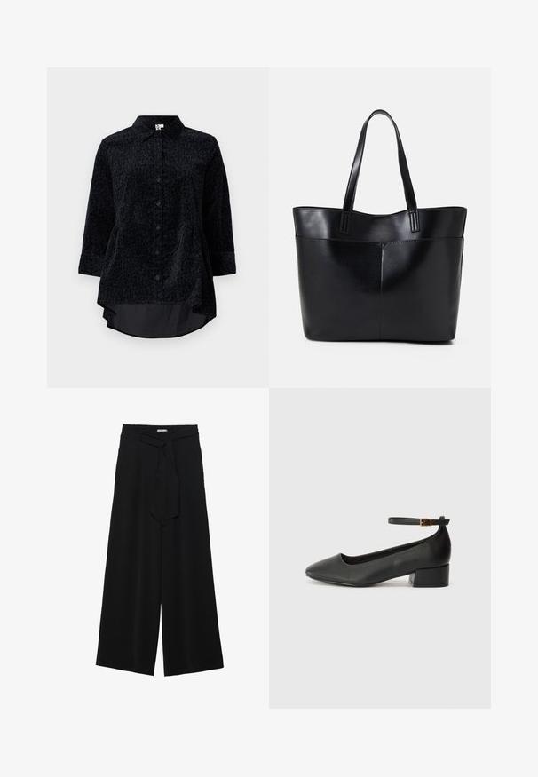 Černá košile na knoflíky s leopardím vzorem, vyrobená z měkké texturované tkaniny, s zaobleným lemem a rukávy o délce tři čtvrtě.; Černé kalhoty s širokými nohavicemi, vyrobené z texturované tkaniny, s elastickým pasem a odnímatelným páskem na úpravu velikosti.; Černé kožené lodičky s špičatou špičkou a nízkým blokovým podpatkem. Obsahují pásek kolem kotníku se zlatou sponou. Hladký povrch.; Černá kožená taška s dlouhými ušima, hladkým povrchem a strukturovaným tvarem. Obsahuje přední kapsu pro další úložný prostor.