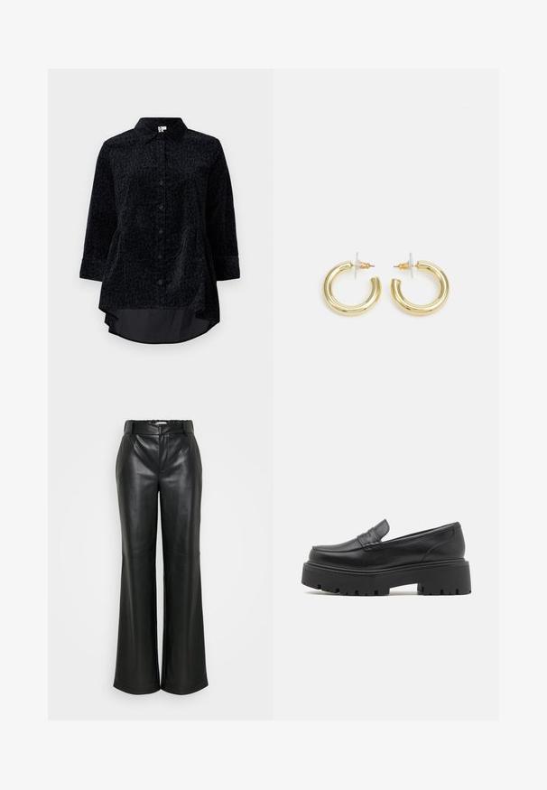 Čierna košeľa na gombíky s leopardím vzorom, vyrobená z mäkkej textúrovanej tkaniny, s zakriveným lemom a rukávmi s dĺžkou trištvrte.; ONLY Tall ONLSMOOTH WIDE - Nohavice - black; Čierne kožené mokasíny s nízkou, robustnou gumovou podrážkou, prešívanými detailmi na vrchu a hladkou textúrou.; Zlaté kruhové náušnice s hladkým, lesklým povrchom. Cirkulárny dizajn s malým steblom a jasným záznamom pre bezpečné nosenie.