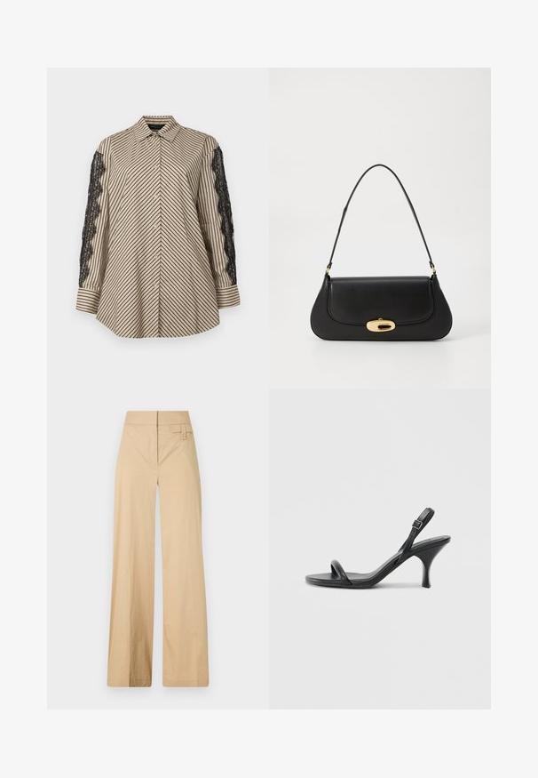 Krage skjorte med vertikale svarte og beige striper. Har svarte blonde detaljer på begge ermer. Knappelukking foran, avslappet passform.; Beige vidje bukser laget av bomullsblandingsmateriale. Har en jevn tekstur, elastisk midjebånd og en sideknappdetalj.; Sorte skinnhøye hæler med en slank, buet hæl og et kryssrem-design. Justerbar ankelrem. Glatt tekstur.; Svart lærveske med en buet design, gullfarget hardware og et håndtak på toppen. Har en elegant lukking og glatt tekstur.