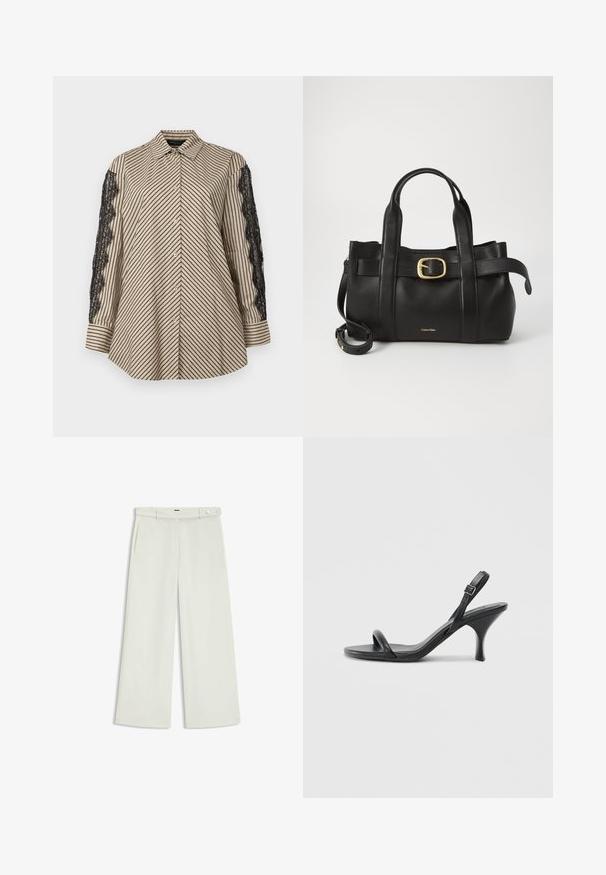 Collared shirt with vertical black and beige stripes. Features black lace accents on both sleeves. Button-down front, relaxed fit.; Wide-leg pants in light cream fabric, featuring side pockets, a flat front, and a single button closure at the waist. Smooth texture.; Black leather high-heeled sandals with a slim, curved heel and a crossed strap design. Adjustable ankle strap. Smooth texture.; Black leather handbag featuring a structured design, dual top handles, gold-tone buckle accent, and embossed brand logo at the front.