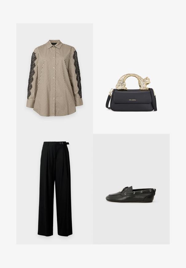 Koszula z kołnierzykiem w pionowe czarne i beżowe paski. Posiada czarne koronkowe akcenty na obu rękawach. Zapięcie na guziki z przodu, luźny krój.; Czarne spodnie szerokie w nogawkach z wysokim stanem, z plisami z przodu oraz paskiem z klamrą. Wykonane z gładkiego, lekkiego materiału.; Czarne skórzane buty żeglarskie z zaokrąglonym czubkiem, sznurówką z przodu, metalowymi oczkami i płaską podeszwą. Posiadają małą metkę z tyłu.; Czarna skórzana torebka z złotym uchwytem w kształcie kota, posiadająca przednią klapkę, regulowany pasek oraz detal z logo na dolnej części przodu.