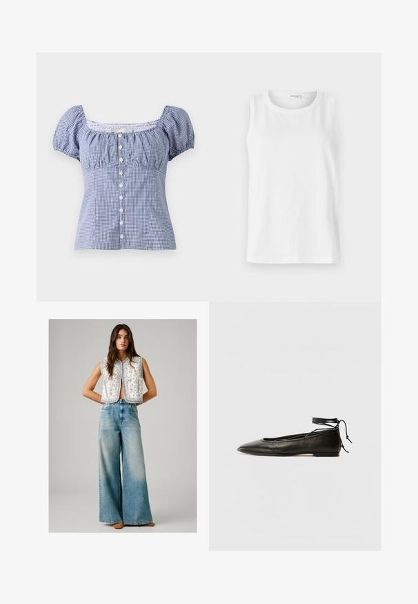 Hollister Co. SLIM PRETTY BUTTON THRU - Pluus - pastry; Valge ilma varrukateta topp, mis on valmistatud pehmest puuvillast. Omab ümmargust kaelust ja sirget lõiget. Ühevärviline disain, ilma nähtavate mustrite või aktsentideta.; Naine kannab ilmaääreline valget lillemustriga vestikest, mis on ühendatud kõrge vöökohtadega laia jala tuhmide siniste teksade ja pruunide kingadega, seistes käed selja taga.; Must mustast balletijalatsid, millel on terav nina, pahkluu seotud ja lame tall, sujuva tekstuuri ning minimalistlik disain.