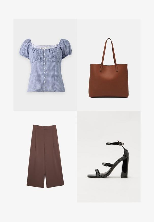 Hollister Co. SLIM PRETTY BUTTON THRU - Blůza - pastry; Hnědé široké kalhoty s hladkou texturou, vysokým pasem a předními záhyby. Materiál je lehký a volně splývá.; Černé lakované sandály na podpatku se čtveratou špičkou, lýtkovými pásky a stříbrnými přezkami. Disponují masivním blokovým podpatkem pro stabilitu.; Hnědá kožená taška přes rameno s hladkou texturou, otevřeným designem a dvěma ramenními popruhy. Obsahuje minimální švy a žádné viditelné kovové prvky.