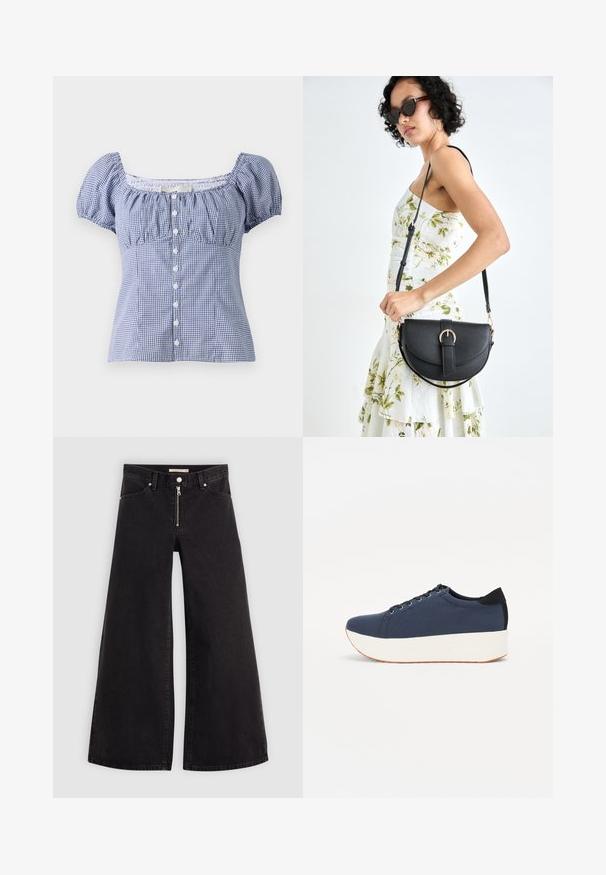 Hollister Co. SLIM PRETTY BUTTON THRU - Blusa - pastry; Jeans de pierna ancha en denim negro con cierre frontal, diseño de cinco bolsillos y detalles de costura sutiles. Textura suave y estilo casual.; Zapatilla de color azul marino con parte superior de tejido texturizado, suela de plataforma blanca, punta redondeada y acento en el talón negro. Cuenta con seis ojales para los cordones.; Bolso de piel negra con forma curva, correa desmontable y herrajes dorados. El bolso cuenta con una solapa con un detalle de hebilla.