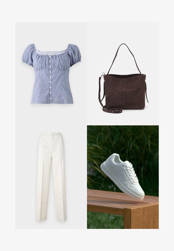 Hollister Co. SLIM PRETTY BUTTON THRU - Camicetta - pastry; Pantaloni color crema con vestibilità sartoriale, dotati di gamba dritta, tessuto liscio, pince frontali e orlo pulito. Design minimalista.; Sneaker bianco con tomaia in sintetico liscio, punta perforata, lacci piatti e suola testurizzata, esposto su una superficie di legno.; Borsa a spalla in suede marrone con una texture morbida, caratterizzata da una singola tracolla e un'apertura superiore leggermente curvata. Nessun dettaglio hardware visibile.