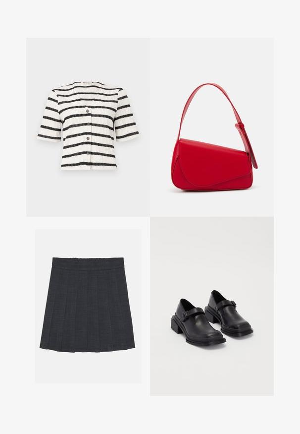 Short-sleeve, button-up cardigan in a textured knit with black and white horizontal stripes. Features five dark buttons down the front.; Dark gray pleated skirt with an elastic waistband, featuring a textured fabric and a classic A-line silhouette. Suitable for casual wear.; Black leather shoes with a rounded toe, flat sole, and a strap with a buckle detail. Chunky block heel for added stability.; Red leather handbag with an angular, geometric design. Features a single adjustable strap and a flap closure with stitched detailing.