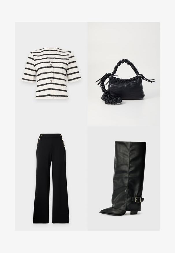 Short-sleeve, button-up cardigan in a textured knit with black and white horizontal stripes. Features five dark buttons down the front.; Black high-waist wide-leg trousers with gold buttons along the front and pockets on both hips on a white background.; Black leather ankle-length boots with a pointed toe, smooth texture, and a silver buckle accent on the side. Chunky square heel.; Black faux leather handbag with a crocodile texture, cinched top, and a scrunched strap. Appears soft and compact in design.