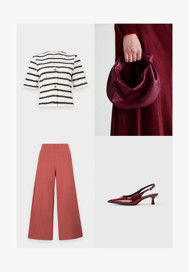 Trumpas rankovėmis, mygtukais užsegama kardiganas su tekstūruotu mezgimu ir juodai baltais horizontaliais dryžiais. Priekyje yra penki tamsūs mygtukai.; Platus rustinės spalvos kelnes, pagamintas iš tekstūruotos audinio su vertikaliomis briaunelėmis. Su aukšta, elastinga juosmens juosta.; Burgundiško lakuoto odos slingback kulniukai su smailiu smailiu ir elegantišku stiletto kulnu. Atvira nugaros konstrukcija su reguliuojamu kulkšnies dirželiu.; Bordo odinė rankinė su minkštu, susiraukšlėjusiu dizainu ir apvalia forma. Rankena yra tvirtai pritvirtinta, atskleidžianti lygią tekstūrą.