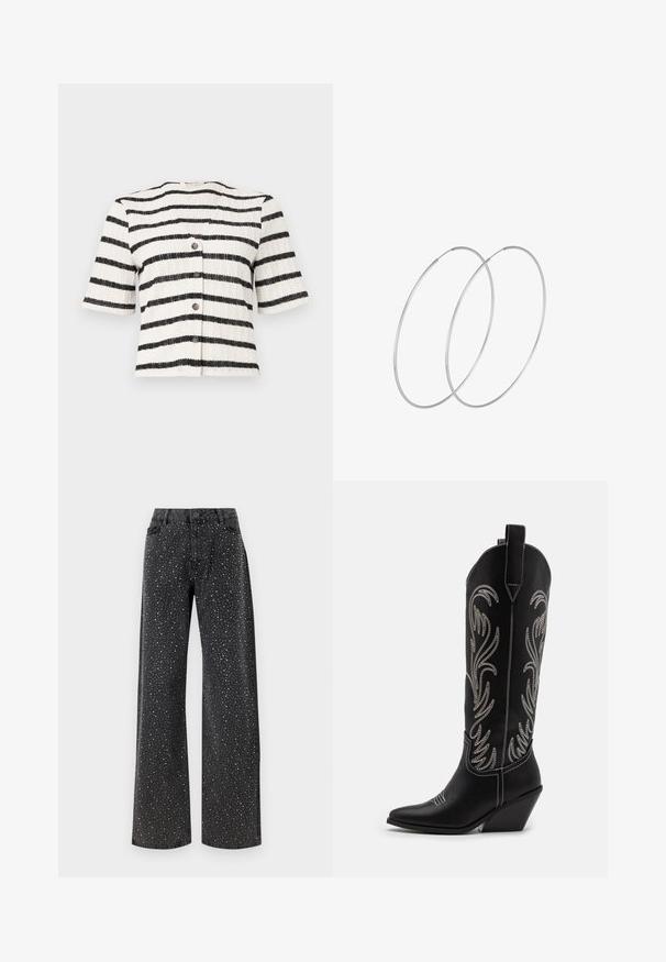 Kratki rukavi, sako na dugmadi od teksturiranog pletenog materijala s crno-bijelim horizontalnim prugama. Ima pet tamnih dugmadi sprijeda.; Noisy May NMJANNEL LOOSE - Traperice opuštenog kroja - black denim; Crne kožne kauboj čizme s šiljastim prstima, klinastim potpeticama i srebrnim izvezenim cvjetnim uzorcima duž osovine. Kontrastni šavovi posvuda.; Srebrne okrugle naušnice s minimalističkim dizajnom. Kružni oblik, glatka tekstura i tanak profil. Lagane s poliranim završetkom.