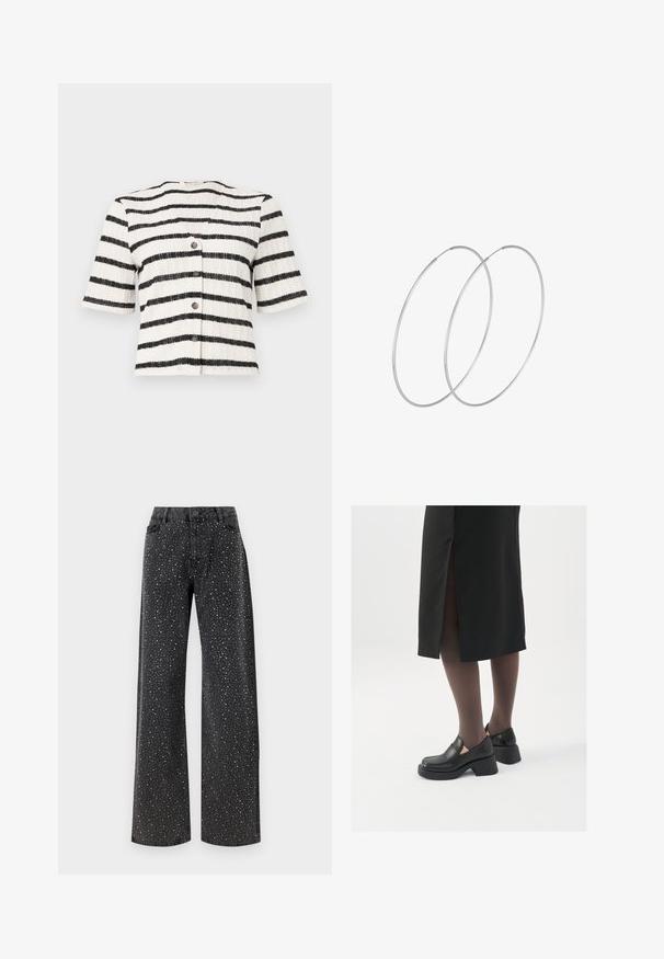 Lyhythihainen, nappikiinnitteinen neuletakki, jossa on tekstuuri neuleena ja mustavalkoisina vaakaraitana. Edessä viisi tummua nappia.; Noisy May NMJANNEL LOOSE - Relaxed fit -farkut - black denim; Mustat nahkakengät pyöreällä kärjellä, paksulla lohkopohjalla ja joustavilla sivuakkesseilla, yhdistettynä tummiin sukkahousuihin ja mustaan hameeseen, jossa on halkio.; Hopehope hopeilla, joissa on minimalistinen muotoilu. Pyöreä muoto, sileä pinta ja ohut profiili. Kevyet ja kiillotetut.