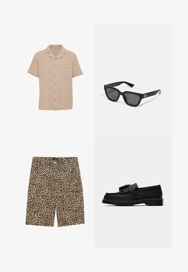 Lühikeste varrukatega nööpidega särk, millel on pruuni ja kreemika ruuduline muster, rinnakott, pehme kangas ja avatud krae disain.; Leopardi mustriga kargoshortsid beeži ja pruuni värvitooniga, mitme taskuga ja nööbiga vöökohaga.; Mustad musta nahast suss, millel on tuttide detailid, kollane lõng üle põhja ning paks ja sooneline kummist välispõhi.; Mustad musta värvi ristkülikukujulised prillid, millel on läikiv viimistlus, tumedad läätsed ja kuldsed aksessuaarid templil, millel on logo.