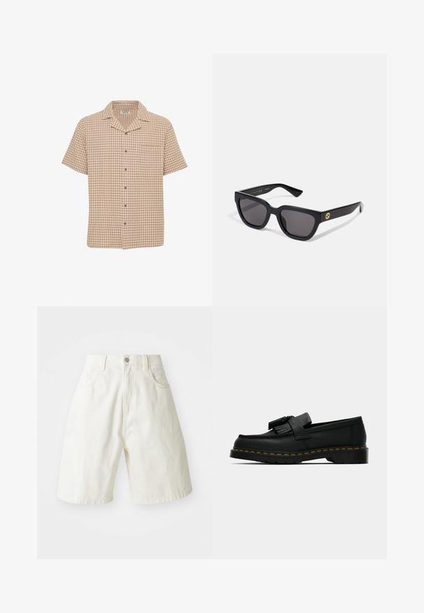 Īsajām piedurknēm krekls ar pogām, brūnas un krēmkrāsas rūtainais raksts, krūšu kabata, mīksts audums un atvērta apkakles dizains.; Balti džinsišorti ar brīvu piegriezumu, ar jostasvietu, pieciem kabatām un taisnām kājām. Audumam ir nedaudz teksturēta virsma.; Melnas ādas loafer kurpes ar pušķiem, dzeltena šuve apkārt zolei un bieza, rievota gumijas zole.; Melni taisnstūra saulesbrilles ar spīdīgu apdari, tumšiem stikliem un zelta aksesuāru uz tempļa, uz kura redzams logo.