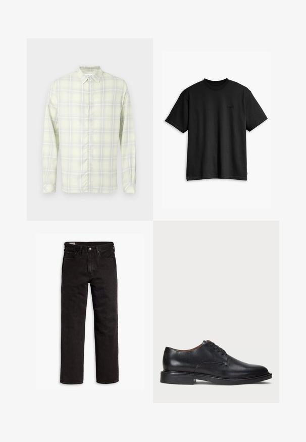 Camicia a maniche lunghe con bottoni e colletto, a quadri giallo chiaro, mostrata distesa su uno sfondo bianco.; T-shirt nera in cotone con collo rotondo e maniche corte. Presenta un logo frontale sottile e un orlo dritto. Design semplice e minimalista.; Jeans in denim neri a gamba dritta con cinque tasche, chiusura a bottone e passanti per cintura, adagiati su uno sfondo bianco.; Scarpa da uomo in pelle nera con punta rotonda, design con lacci e tacco basso impilato. Texture liscia con dettagli di cucitura minimi.