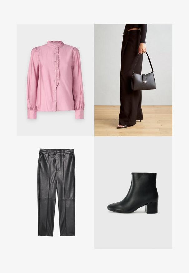 Rosa langermet bluse med høy volangkrage, knappelukking foran og samlede ermer, laget av glat stoff med en lett glans.; Sorte lærbukser med en glat tekstur, der har en lige pasform, to forlommer og synlige sømdetaljer.; Sorte skinn ankelsko med spiss tå og chunky hæl. Glatt tekstur med minimale detaljer og et elegant, tettsittende design.; Svart håndveske med strukturert form, jevn tekstur og metallisk lås. Kombinert med brede svarte bukser og sandaler med åpen tå på tregulv.