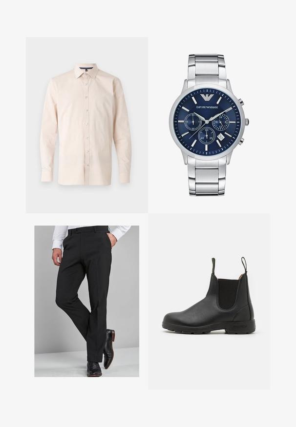 Jasno beżowa koszula zapinana na guziki, długie rękawy, klasyczny kołnierzyk, gładki materiał, białe guziki, wzorzysta podszewka kołnierza.; Czarne spodnie wizytowe o dopasowanym kroju, z gładką teksturą, prostymi nogawkami i pętelkami na pasek, w zestawie z wypolerowanymi czarnymi butami wizytowymi.; Czarne skórzane botki Chelsea z elastycznymi bokami, pętelką do zakładania, wytrzymałą gumową podeszwą i widocznymi szwami. Gładka tekstura na całej powierzchni.; Emporio Armani Zegarek chronograficzny