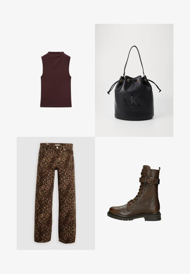 Sleeveless top in dark burgundy jersey fabric, featuring a high neckline and smooth texture. Design includes neatly finished edges and no additional embellishments.; Leopard print wide-leg jeans in brown and tan. Made from denim, featuring a classic five-pocket design and metal hardware accents.; Brown leather lace-up ankle boot with a side buckle, round toe, rugged sole, and stitching details for added texture.; Black leather bucket bag with drawstring closure, featuring a glossy "CK" logo on the front and gold-tone hardware accents.