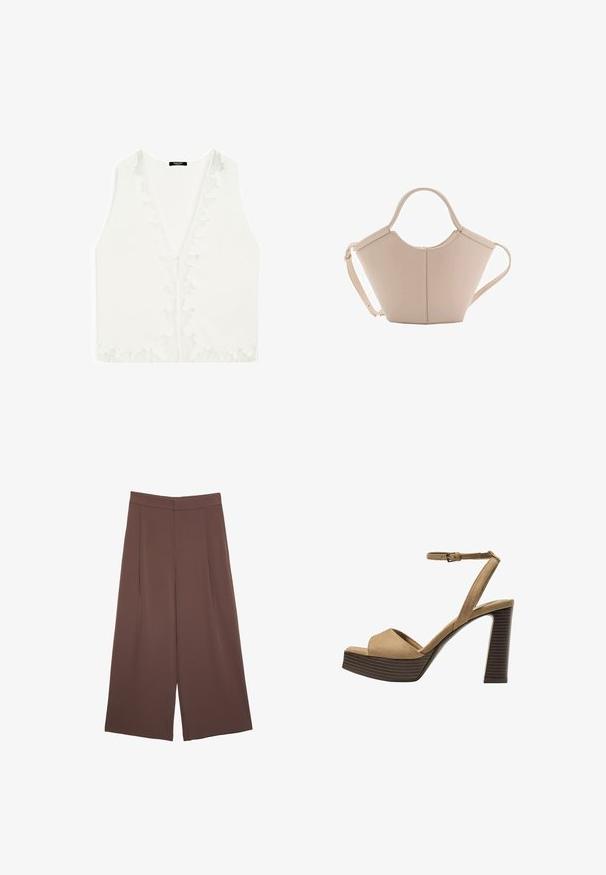 Weiße ärmellose Bluse mit tiefem V-Ausschnitt, die zarte Spitze an den Kanten aufweist und aus einem glatten, leichten Stoff besteht.; Braune Weite-Leg-Hosen mit einer glatten Textur, hoher Taille und Vorderfalten. Der Stoff ist leicht und fällt locker.; Beige Wildleder-Pumps mit hohem Absatz, breitem Vorderband und Knöchelriemen, ausgestattet mit einem klobigen Holzblockabsatz mit strukturiertem Finish.; Beige Lederhandtasche mit einer einzigartigen Form, die zwei kurze Henkel und einen langen verstellbaren Riemen aufweist. Glatte Textur mit minimalen Hardware-Elementen.