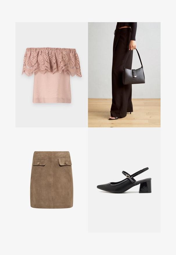 Top bez ramienok v svetloružovej farbe s texturovanou telovou časťou a krajkovou vrstvou s komplikovanými vzormi listov a zúbkovanými okrajmi.; Hnedá semišová mini sukňa s hladkou textúrou, ktorá má dva predné vrecká s klopou a gombíkové zapínanie na každej strane. Jednoduchý, rovný dizajn.; Čierne lakované kožené lodičky so slingback dizajnom, špicatou špičkou, zaobleným výrezom a blokovým podpätkom. Obsahuje akcent zlatého tónu s prackou.; Čierna kabelka so štruktúrovaným tvarom, hladkou textúrou a kovovou sponou. V kombinácii so širokými čiernymi nohavicami a sandálmi s otvorenou špičkou na drevenej podlahe.