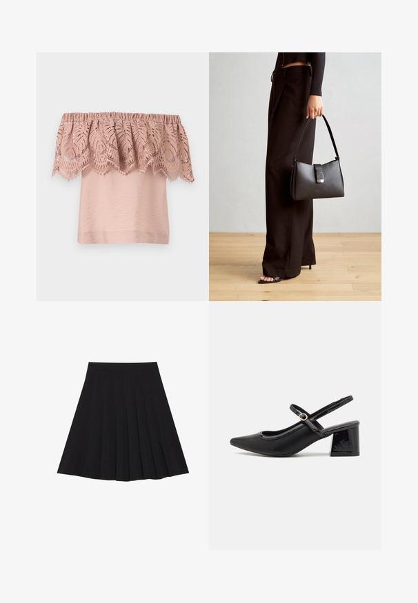 Top z mocnimi rameni v svetlo roza barvi z teksturiranim korpusom in čipkastim prelivom, ki vsebuje zapletene vzorce listov in valovite robove.; Črna plisirana krila iz strukturiranega materiala s prilegajočim pasom. Segajo do kolen in ponujajo gladko, čisto silhueto.; Črne patentne usnjene salonarce s slingback obliko, s koničastim nosom, zaobljenim izrezom in blok peto. Imajo zlato kovinsko zaponko kot dodatno okrasje.; Črna torbica z strukturirano obliko, gladko teksturo in kovinskim zaponko. Ujemajo se z širokimi črnimi hlačami in odprtimi sandali na lesenem tleh.