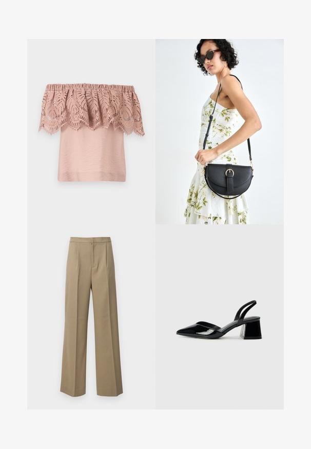 Top de ombros à mostra em rosa claro com um corpete texturizado e uma sobreposição de renda com padrões intricados de folhas e bordas em forma de onda.; Calças largas bege feitas de um tecido texturado. Apresentam pregas frontais e uma cintura plana. Sem fechos ou bolsos visíveis.; Sandy em verniz preto com salto slingback, ponta afilada e salto geométrico. Apresenta um design elegante e minimalista com textura suave.; Bolsa de couro preta com forma curva, alça destacável e detalhes em dourado. A bolsa possui uma aba com detalhe de fivela.