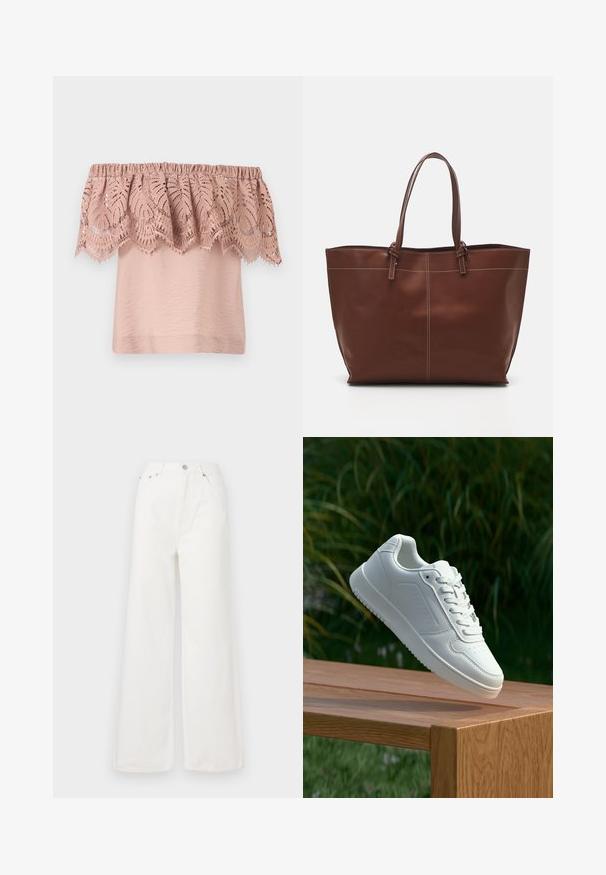 Off-the-shoulder top in light pink with a textured bodice and a lace overlay featuring intricate leaf patterns and scalloped edges.; White high-waisted wide-leg jeans made of denim. Features front pockets, a button closure, and frayed hem details.; White sneaker with a smooth synthetic upper, perforated toe box, flat laces, and a textured sole, displayed on a wooden surface.; Brown leather tote bag with double handles, features contrast stitching and a spacious design, suitable for everyday use.