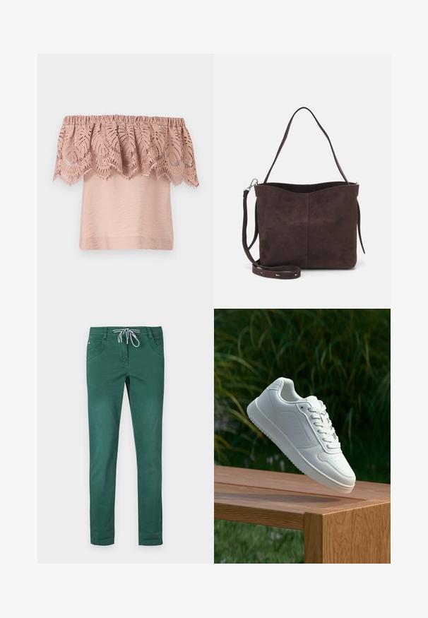 Top de hombros descubiertos en rosa claro con un cuerpo texturizado y una superposición de encaje que presenta intrincados patrones de hojas y bordes con formas onduladas.; Pantalones verdes de mezcla de algodón con un diseño de pierna recta, cintura con cordón ajustable y dos bolsillos frontales. Textura suave y sin patrones.; Zapatilla blanca con un upper sintético suave, caja de dedos perforada, cordones planos y una suela texturizada, exhibida sobre una superficie de madera.; Bolso tote de ante marrón con una textura suave, que presenta una sola correa para el hombro y una sutil apertura curva en la parte superior. Sin detalles de herrajes visibles.