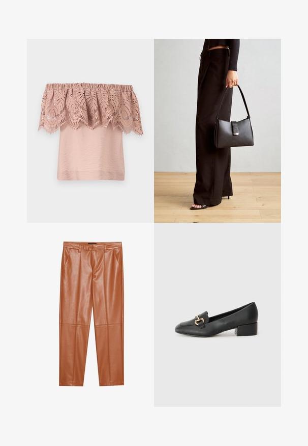 Off-the-shoulder topp i lys rosa med en strukturert overdels og et blonderoverlay med intrikate bladmønstre og bølgede kanter.; Brune imitasjonslærbukser med skreddersydd passform, med frontfeller og rette ben. Glatt tekstur uten synlig maskinvare eller detaljer.; Sorte skinnloafers med flat hæl, med dekorativ detalj i gull foran og en jevn tekstur.; Svart håndveske med strukturert form, jevn tekstur og metallisk lås. Kombinert med brede svarte bukser og sandaler med åpen tå på tregulv.