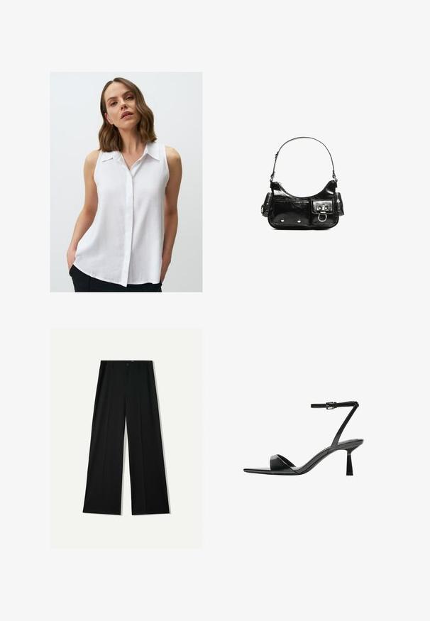 Weiße ärmellose Bluse mit Knopfleiste, ausgestattet mit einem Kragen und einer lockeren Passform. Der Stoff wirkt leicht und hat eine sanfte Textur.; Bershka WIDE - Stoffhose - black; Bershka High Heel Sandalette - black; Schwarze Lackleder-Handtasche mit geschwungenem Design, einem Schulterriemen, Vordertaschen und silberfarbenen Hardware-Akzenten.