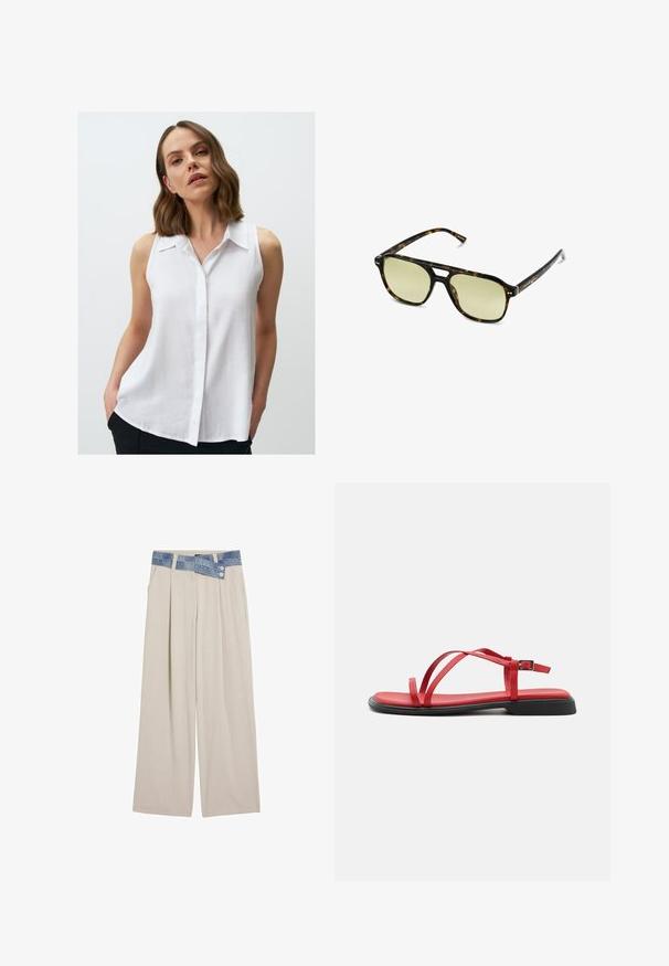 Biała bezrękawnikowa bluzka z zapięciem na guziki, z kołnierzykiem i luźnym krojem. Materiał wydaje się lekki o miękkiej teksturze.; Jasnobeżowe szerokie spodnie z denimu w talii, z dwoma guzikami i plisowanymi detalami z przodu. Gładka tekstura i luźny krój.; Czerwone płaskie sandały z cienkimi paskami, zapięciem na klamrę i czarną gumową podeszwą. Gładka tekstura i minimalistyczny design, w tym uformowana wkładka.; Słoneczne okulary w kratkę w kształcie prostokąta, z soczewkami w zielonym odcieniu i wzorzystymi ramkami z acetatu. Posiadają metalowe akcenty w pobliżu soczewek.