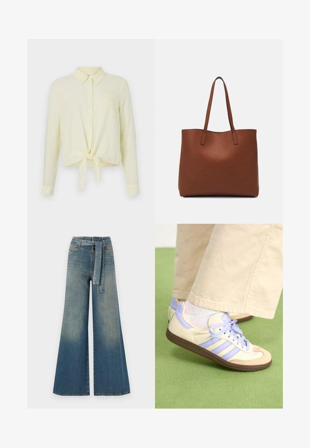 Light yellow long-sleeve shirt with a button-up collar, front pocket, and knotted hem. Made of a textured fabric with subtle stripes.; Wide-leg denim trousers featuring a light to dark blue gradient, high waist, belt loops, and a matching fabric belt. Textured denim finish.; Cream and lavender sneakers with three stripes and a textured brown sole, featuring laces and a padded heel. Soft fabric upper.; Brown leather tote bag with a smooth texture, open top design, and two shoulder straps. Features minimal stitching and no visible hardware.