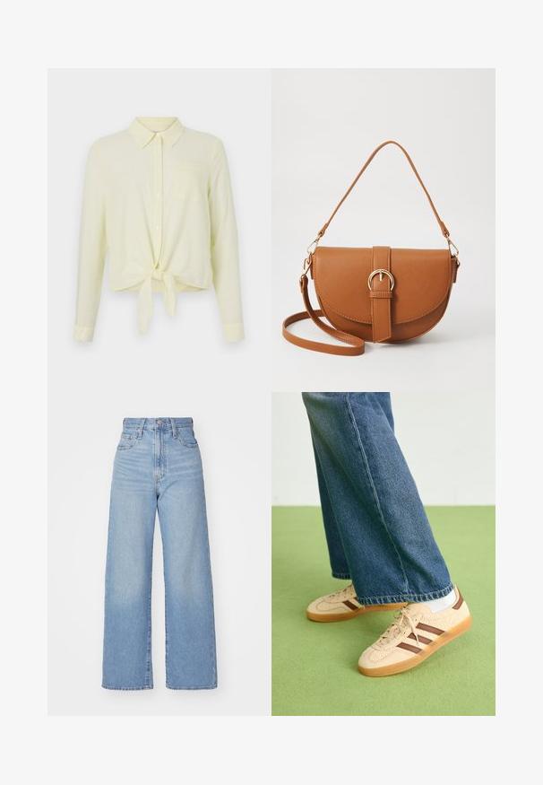 Light yellow long-sleeve shirt with a button-up collar, front pocket, and knotted hem. Made of a textured fabric with subtle stripes.; Light blue high-waist wide-leg jeans with front button and zip closure, front and back pockets, on a white background.; Beige sneakers with textured cream panels and brown stripes, paired with blue denim jeans. The jeans have a wide leg and frayed hem.; Brown leather crossbody bag with a curved shape, gold hardware, and a buckle accent. Features a detachable shoulder strap.