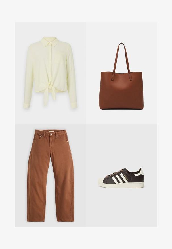 Svetložltá košeľa s dlhým rukávom, s golierom na gombíky, prednou vreckom a uzlovým lemom. Vyrobená z textúrovanej látky s jemnými prúžkami.; Hnedohnedé rovné džínsy so prednými a zadnými vreckami, kovovými nýtmi, zapínaním na gombík a pútkami na opasok, položené na bielom pozadí.; Nízke tenisky Adidas Superstar z tmavohnedej kože s béžovou špičkou, bielymi pruhmi a nápisom „Superstar“ na boku.; Hnedá kožená taška na rameno s hladkou textúrou, otvoreným vrchom a dvoma ramenými popruhmi. Má minimálne šitia a žiadne viditeľné kovania.
