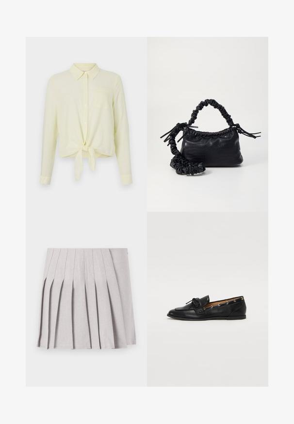 Ανοιχτό κίτρινο πουκάμισο με μακριά μανίκια, κολάρο με κουμπιά, μπροστινή τσέπη και κόμπο στο στρίφωμα. Κατασκευασμένο από υφασμάτινη υφή με λεπτές ρίγες.; Γκρι πλισέ φούστα με λεία υφή, που διαθέτει πολλαπλές κατακόρυφες πτυχές και εφαρμοστή μέση. Κατασκευασμένη από ελαφρύ ύφασμα.; Μαύρες δερμάτινες μπαλαρίνες με σφιχτό φιόγκο, με χρυσές οπές στα πλάγια και επίπεδη ελαστική σόλα. Λείος υφής, κλασικός σχεδιασμός.; Μαύρη τσάντα από faux δέρμα με υφή κροκοδείλου, κλειστή στο επάνω μέρος και με ρυτιδωμένο λουρί. Φαίνεται μαλακή και συμπαγής στο σχέδιο.