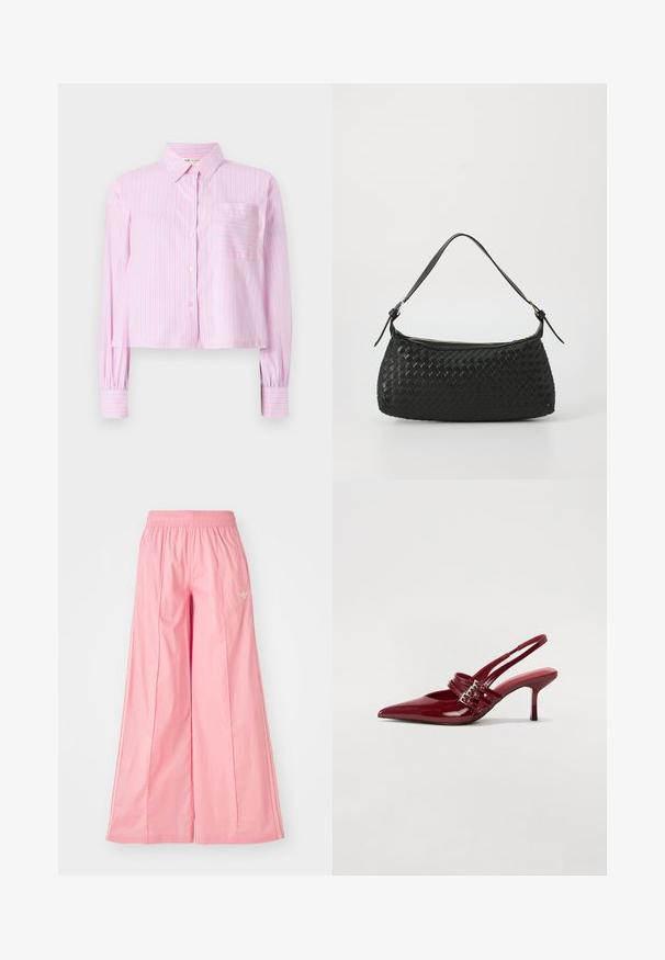 Κοντοκουρεμένο πουκάμισο με κουμπιά σε ροζ χρώμα με λεπτές κατακόρυφες λωρίδες σε μπλε. Διαθέτει γιακά και μία τσέπη στο στήθος, κατασκευασμένο από ελαφρύ ύφασμα.; Ροζ παντελόνια με φαρδιά πόδια, κατασκευασμένα από ελαφρύ ύφασμα, με ελαστική μέση και διακριτές λευκές ρίγες στο πλάι. Μικρό λογότυπο μπροστά.; Κόκκινα παπούτσια slingback από πατεντέ δέρμα με μυτερή μύτη, δύο λουράκια με πόρπες και λεπτό, μεσαίου ύψους στυλέτο τακούνι. Λείος υφασμάτινος σχεδιασμός.; Μαύρη πλεκτή τσάντα ώμου με λείο δερμάτινο λουρί και κλείσιμο με φερμουάρ. Διαθέτει υφή στην επιφάνεια και καμπύλο σχήμα.