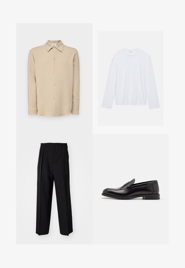 Beež pikkade varrukatega nööbiga särk terava kraega ja hõbedaste nupudega, esitleb seda lihtsa valge tausta ees.; Valge pikkade varrukatega t-särk puuvillast. Omab klassikalist ümmargust kaelust ja langevaid õmblusi, millel on sile ja ühtlane tekstuur.; Mustad volditud püksid sirge ja laia säärega disainiga. Valmistatud siledast kangast, millel on nuppudega sulgemine ja vööaasad.; Mustad mustad nahast loafers sileda tekstuuriga, ümarat ninaosa ja dekoratiivne riba vampi üle. Madal kihiline konts, minimalistlik disain.