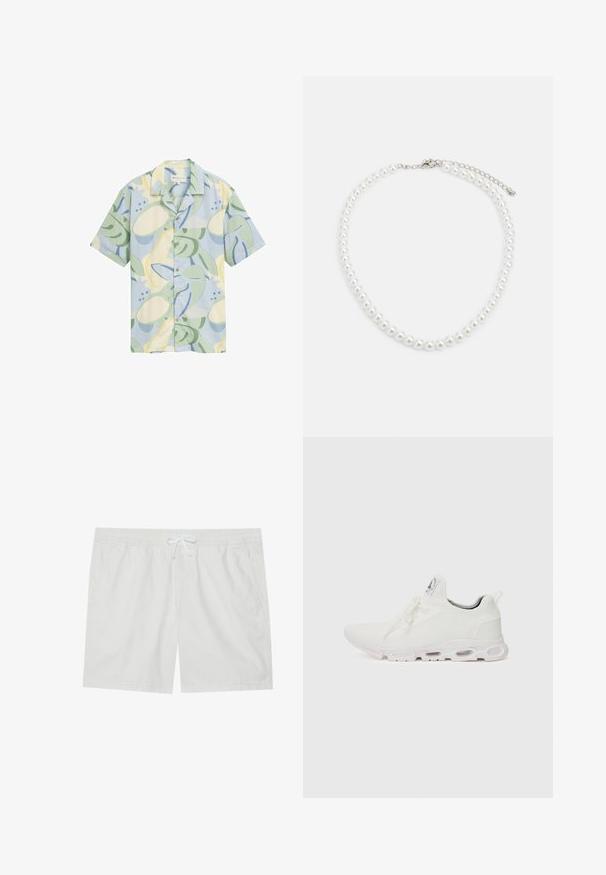 Korte mouwen shirt van lichtgewicht stof met een pastel kleurenpalet, abstracte bladerenpatronen en een knopenlijst aan de voorkant.; Witte katoenen shorts met een elastische tailleband en trekkoord, voorzien van twee zijzakken en strakke lijnen, die een eenvoudig ontwerp bieden.; Witte sportieve schoenen met een gestructureerde gebreide bovenkant, platte veters en een gevoerde zool met zichtbare luchtkamers voor extra ondersteuning.; Witte parelketting met een uniforme ronde vorm, gladde oppervlakte en een metalen sluiting met een uitbreidingsketting voor verstelbare lengte.