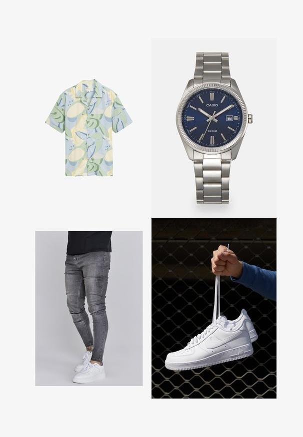 Camicetta a maniche corte realizzata in un tessuto leggero con una palette di colori pastello, motivi astratti di foglie e un frontale con bottoni.; Jeans skinny in denim grigio sbiadito, con dettagli strappati sulle ginocchia, abbinati a sneakers bianche. Texture liscia, design slim fit.; Sneakers in pelle bianca con perforazioni, punta rotonda, suola piatta e lacci spessi, con logo swoosh visibile e "AIR" sul tallone.; Orologio da polso in acciaio inossidabile argento con quadrante blu navy, indici metallici e finestra della data alle 3. Resistente all'acqua fino a 50 metri.
