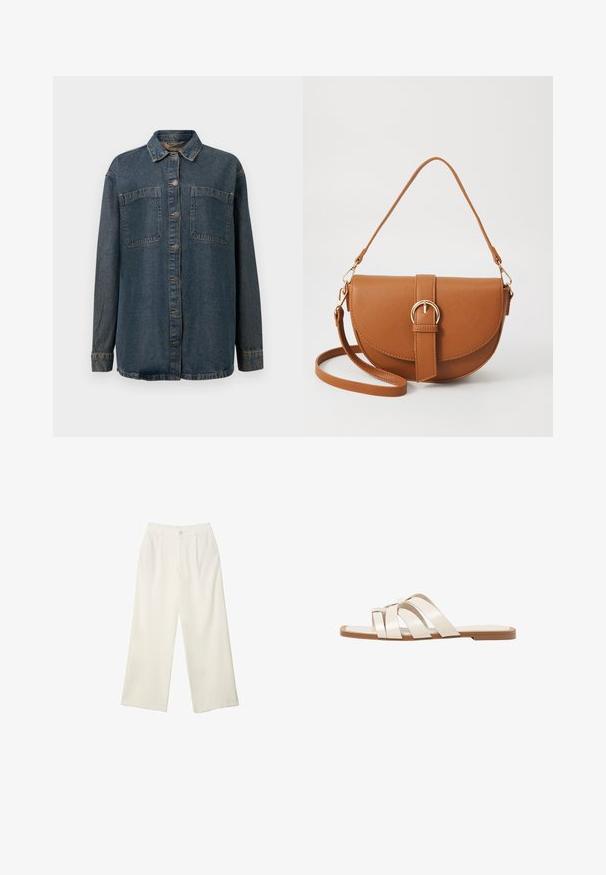 Tamna plava traper košulja s dugim rukavima, prednjim dugmadima, dva džepa na prsima i klasičnom kragnom. Mekana tekstura s minimalnim trošenjem.; Hlače širokih nogavica od kremaste tkanine s glatkom teksturom, s jednim prednjim gumbom, suptilnim plitvicama i visokim strukom.; Ravne sandale s smeškom od gume, dizajnirane s tri preklapajuće bele kožne trake i malim detaljem mašne u sredini.; Smeđa kožna torba preko tijela s zakrivljenim oblikom, zlatnim metalnim detaljima i naglaskom na kopču. Ima odvojivu naramenicu.