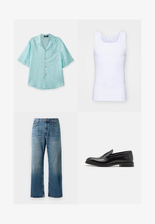 Una camisa de manga corta azul claro hecha de tela suave, que presenta un cuello extendido, un bolsillo delantero y un sutil patrón texturizado, con botones dorados.; Camiseta sin mangas de algodón blanca con escote redondo, que presenta una textura suave y una forma ajustada, diseñada para el uso casual.; Jeans de pierna ancha en azul claro con un acabado desgastado, que cuentan con cierre de un solo botón, cinco bolsillos y costuras contrastantes.; Mocasines de cuero negro con una textura suave, puntera redondeada y una tira decorativa en el empeine. Tacón bajo apilado, diseño minimalista.