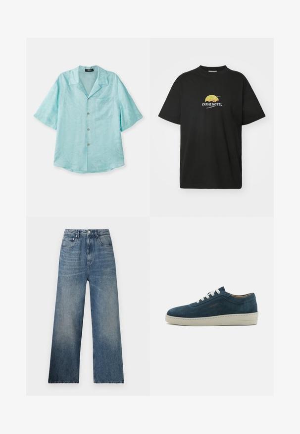 Svetlo modra kratka majica iz gladkega materiala, z razširjenim ovratnikom, sprednjim žepom in subtilnim teksturiranim vzorcem, z zlatimi gumbi.; Črna bombažna majica s krožnim vratom, z grafiko rumenega sončnega zahoda in belim napisom "CARNE HOTEL" spredaj.; Modre široke kavbojke z visokim pasom, ki imajo subtilno bledenje, pet žepov in kovinsko zaponko spredaj.; Modri nubuk superge z zaobljenim prstom, belimi vezalkami in gumijastim podplatom. Opremljene so z diskretnim šivanjem in branded poudarkom na strani.