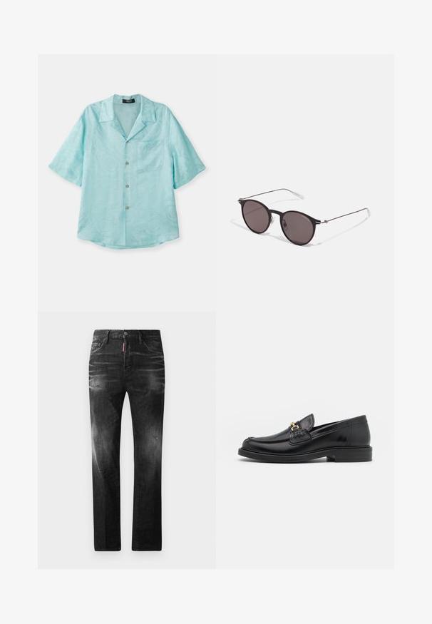 Een lichtblauw kortemouwenshirt van gladde stof, met een gespreide kraag, een borstzak en een subtiel textuurpatroon, voorzien van gouden knopen.; Zwarte katoenen T-shirt met een ronde halslijn, korte mouwen en het "EMPORIO ARMANI" logo in het wit boven "Milano" in een gebogen ontwerp.; Zwarte denim jeans met een rechte pasvorm. Beschikt over vervaagde gebieden, lichte slijtage, klassiek vijf-pocket ontwerp en een knoopsluiting.; Zwarte leren instappers met een ronde neus, voorzien van een gouden hardware accent en stikdetails, geplaatst op een lage, getextureerde rubberen zool.; Zwarte ronde zonnebril met donkere lenzen en slanke metalen armen. Inclusief heldere tempelpunten en zilveren accenten bij de scharnier. Minimalistisch ontwerp.