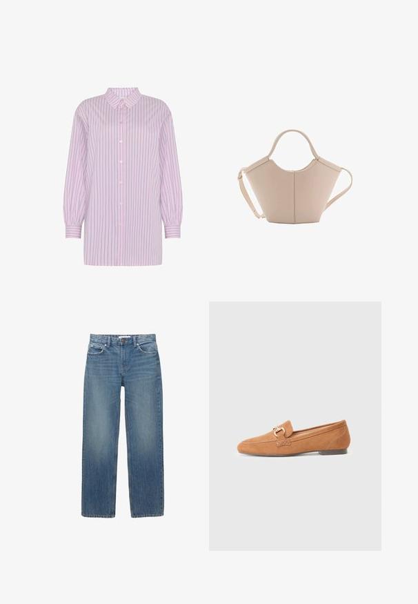 Moves NELLA - Hemdbluse - mauve mist; Hellblaue Jeans aus Denim mit geradem Schnitt, fünf Taschen und Beschlägen in Kupferfarbe. Der Stoff hat eine leichte Ausbleichung und eine glatte Textur.; Kamel-suede Slipper mit runder Spitze, einem dekorativen Loopschmuckelement und flachem Absatz. Glatte Textur und einfache Steppnähte.; Beige Lederhandtasche mit einer einzigartigen Form, die zwei kurze Henkel und einen langen verstellbaren Riemen aufweist. Glatte Textur mit minimalen Hardware-Elementen.