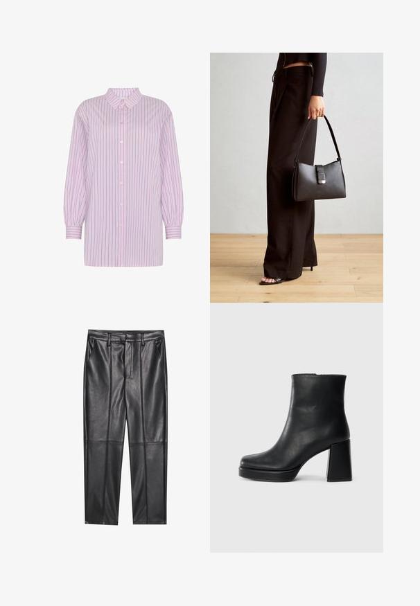 Moves NELLA - Gombos blúz - mauve mist; Fekete bőrnadrág sima textúrával, egyenes szabással, két elülső zsebbel és látható varrás részletekkel.; Fekete bőr bokacsizma tömbsarkal és platform talppal, oldalról nézve, sima fehér háttéren.; Fekete kézi táska strukturált formával, sima textúrával és fémből készült záródással. Széles fekete nadrággal és nyitott orrú szandállal párosítva, fából készült padlón.